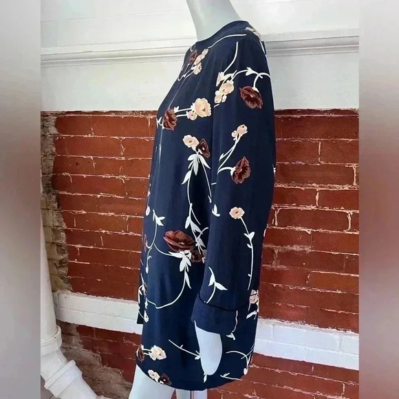 Ganni Dalton Shift Dress in Navy Blue Floral Crepe Long Sleeve Mini - Picture 6 of 16